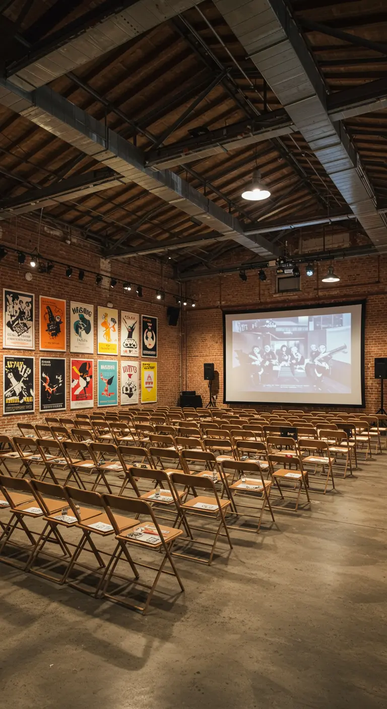 Grande salle style loft industriel avec des rangées de chaises pliantes face à un écran.