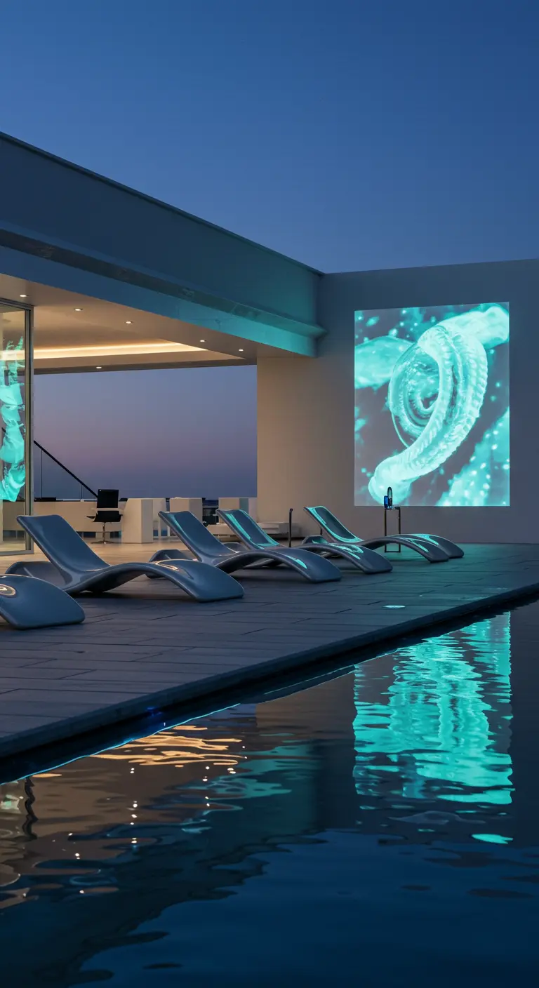 Transats modernes devant un mur avec projection lumineuse turquoise près d'une piscine.