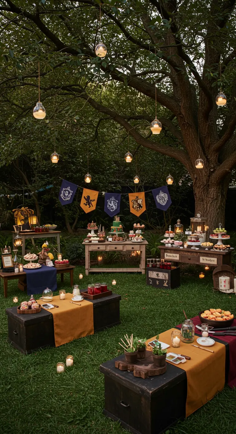 Ambiance Harry Potter dans un jardin avec des bannières de Poudlard et des lumières tamisées.