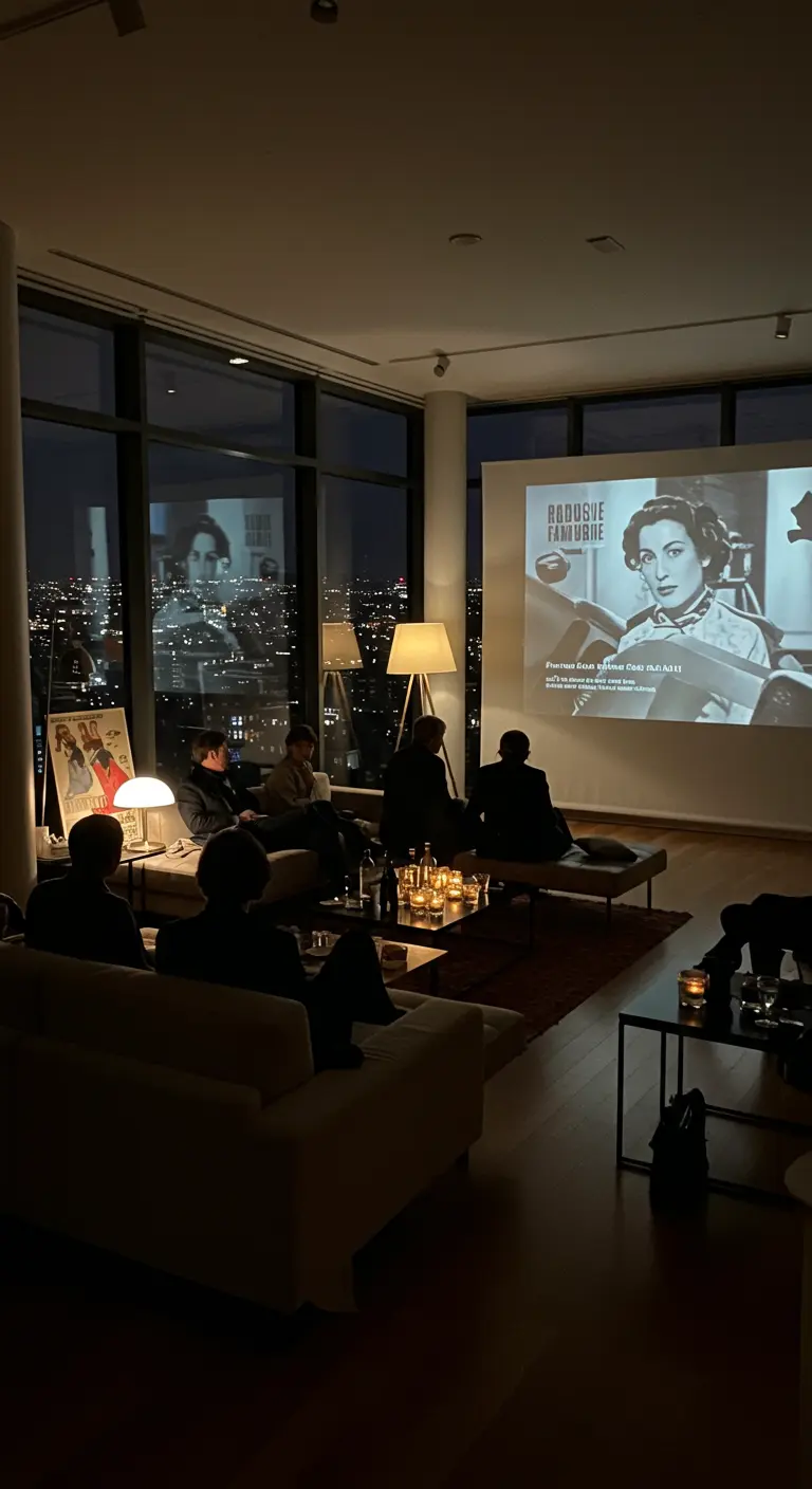 Projection de film en noir et blanc dans un appartement chic avec vue sur la ville.