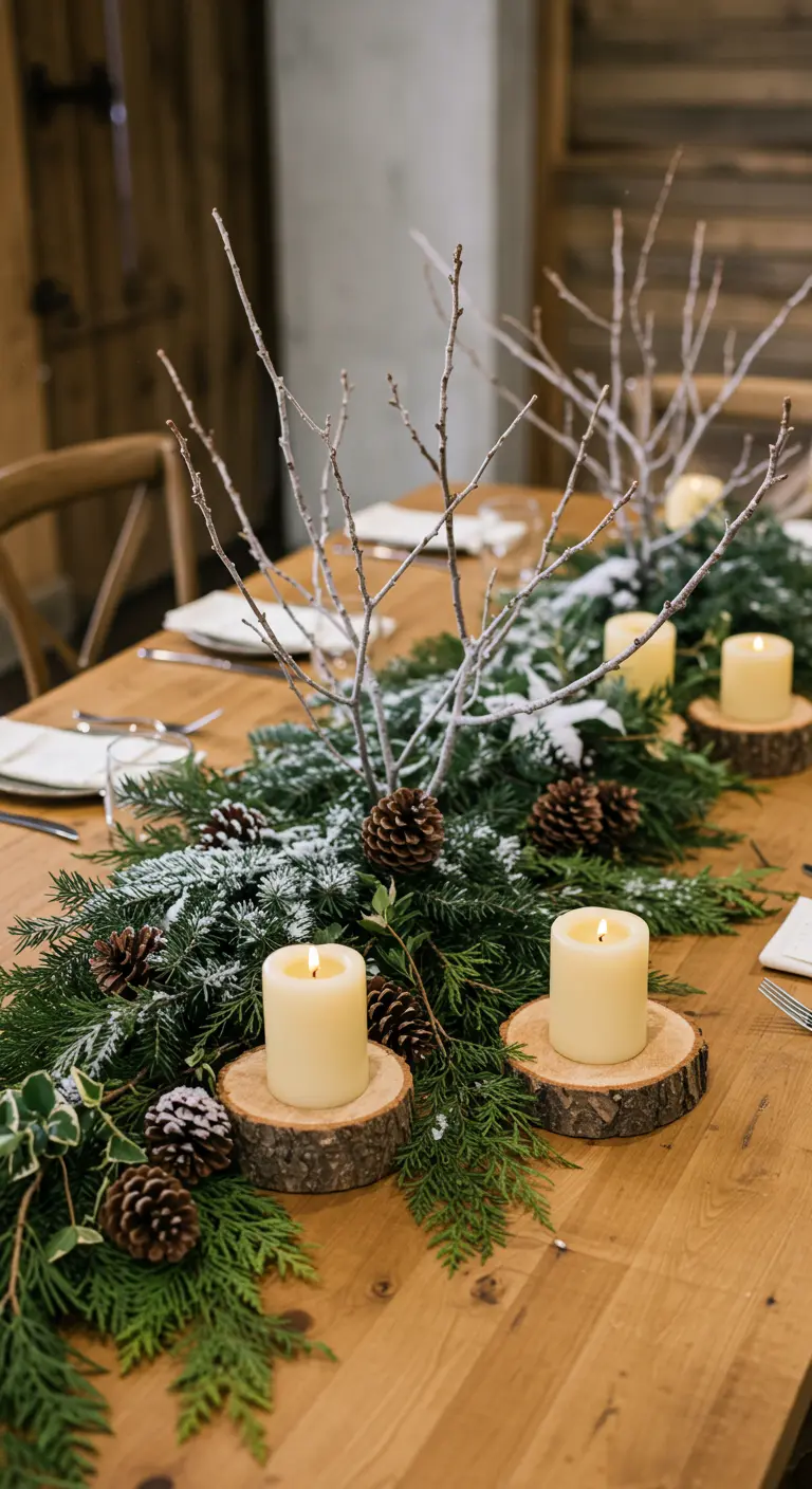 Chemin de table épais en sapin et lierre, avec bougies sur des rondins de bois.