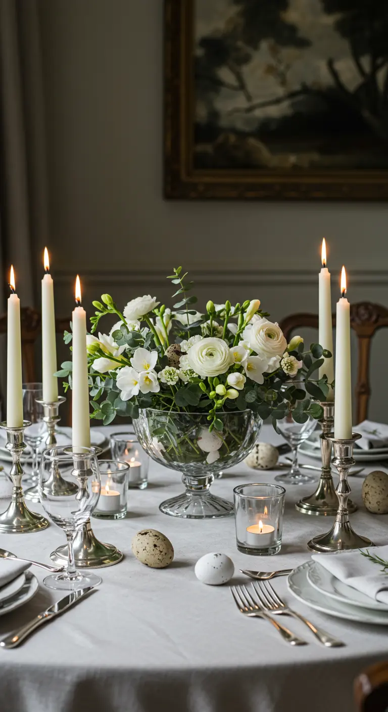 Centre de table élégant avec renoncules blanches et eucalyptus dans une coupe en verre, bougies et œufs de caille.
