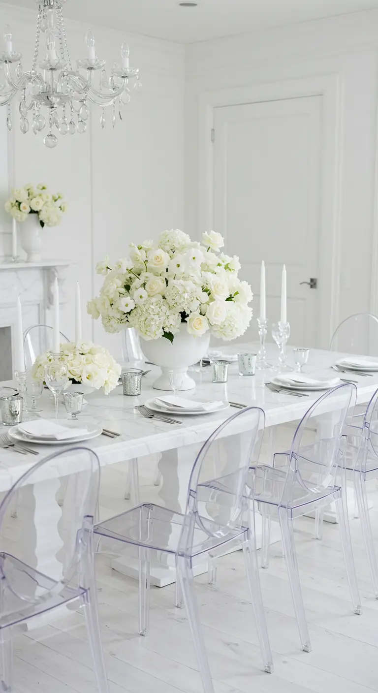 Table de salle à manger blanche avec un grand bouquet de fleurs blanches et des chaises transparentes.