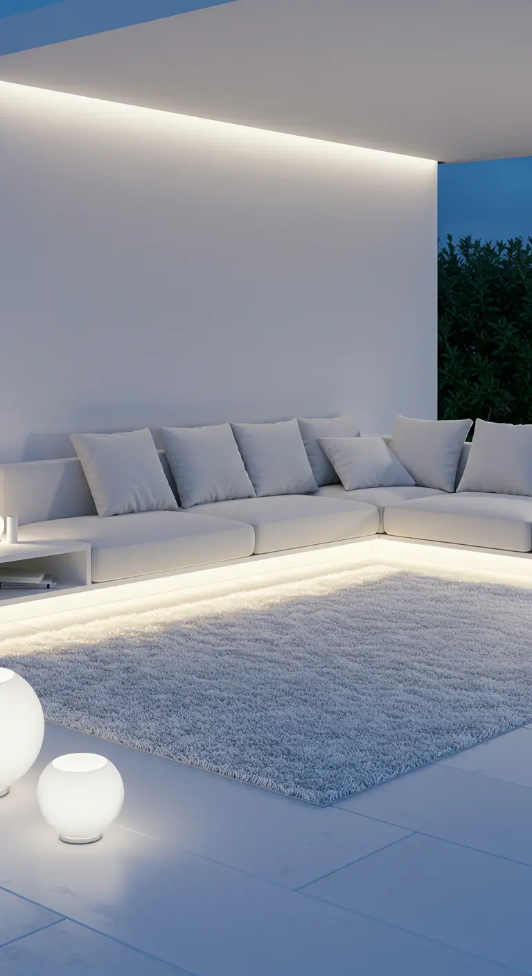 Grand canapé modulaire blanc sur une terrasse blanche, éclairé par des LED intégrées sous sa base.