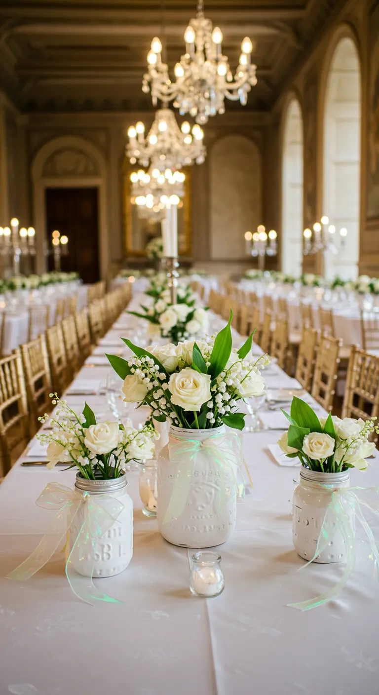 Centres de table classiques avec bocaux blancs, roses, muguet et rubans délicats sur une nappe blanche.