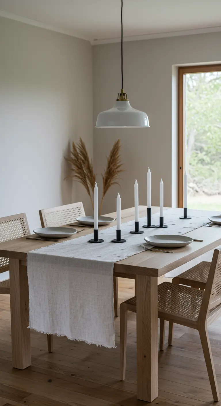 Chemin de table en lin blanc cassé, bougeoirs noirs et bougies sur table en bois clair