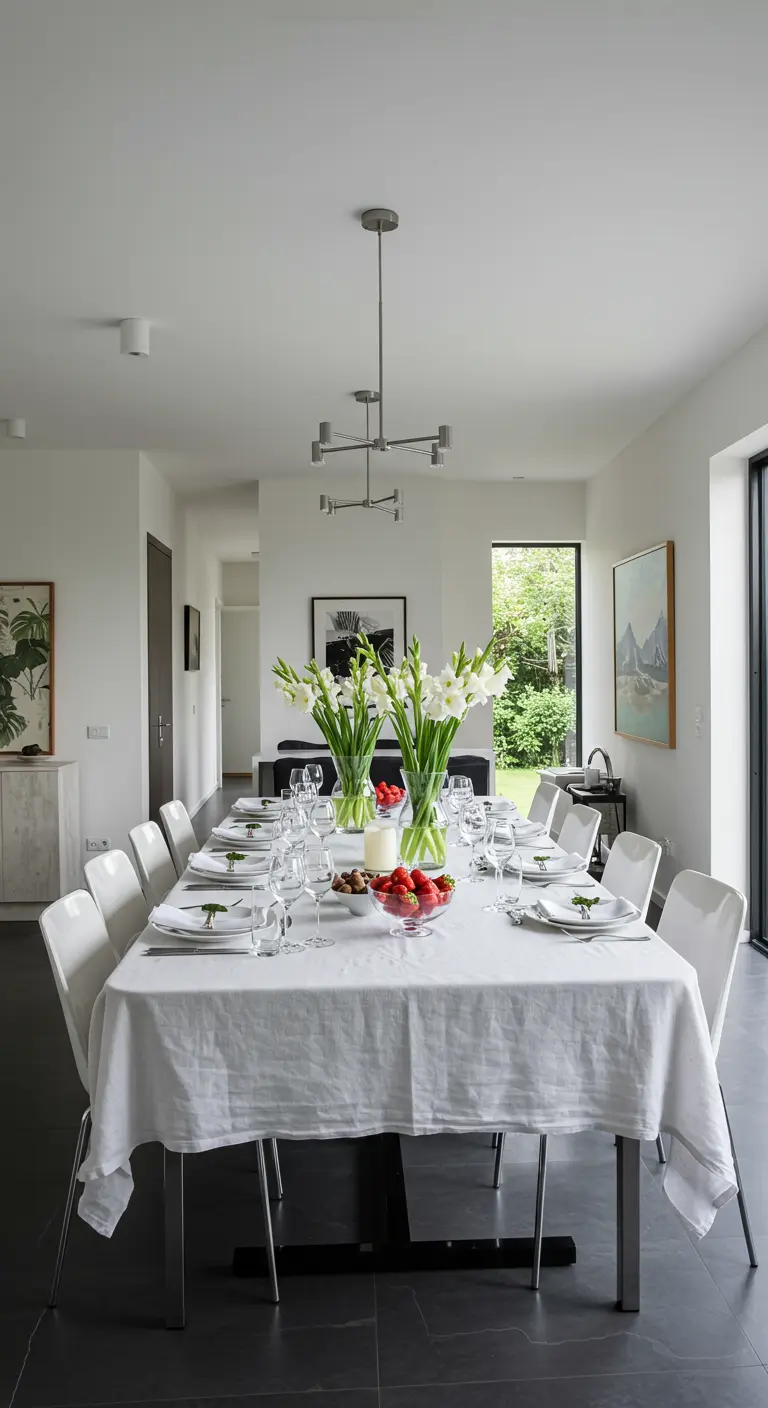 Longue table blanche avec de hauts vases de glaïeuls blancs et un bol de fraises.
