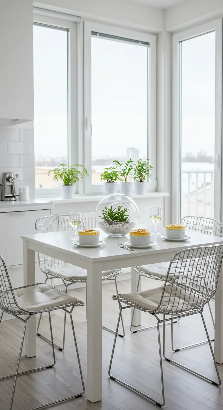 Table de cuisine blanche avec chaises métalliques, terrarium sphérique, plantes.