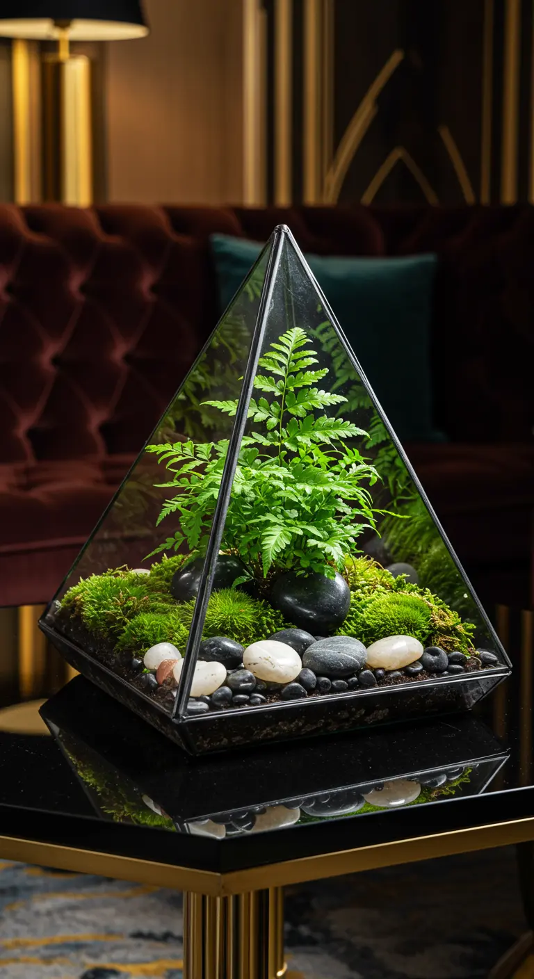 Terrarium pyramidal noir avec fougère, mousse et pierres polies, posé sur une table d'appoint.