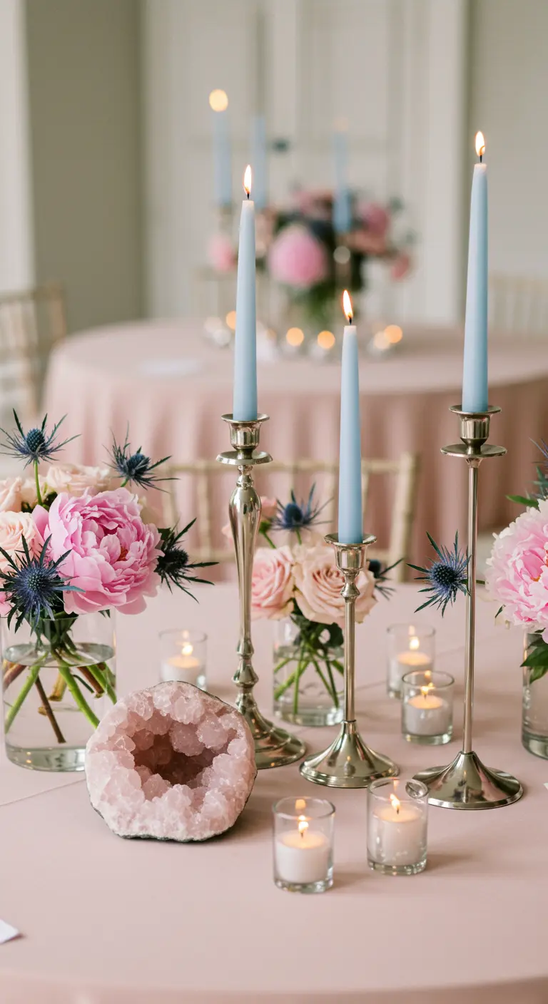 Centre de table rose poudré avec pivoines, bougies bleu ciel et une géode de quartz rose.