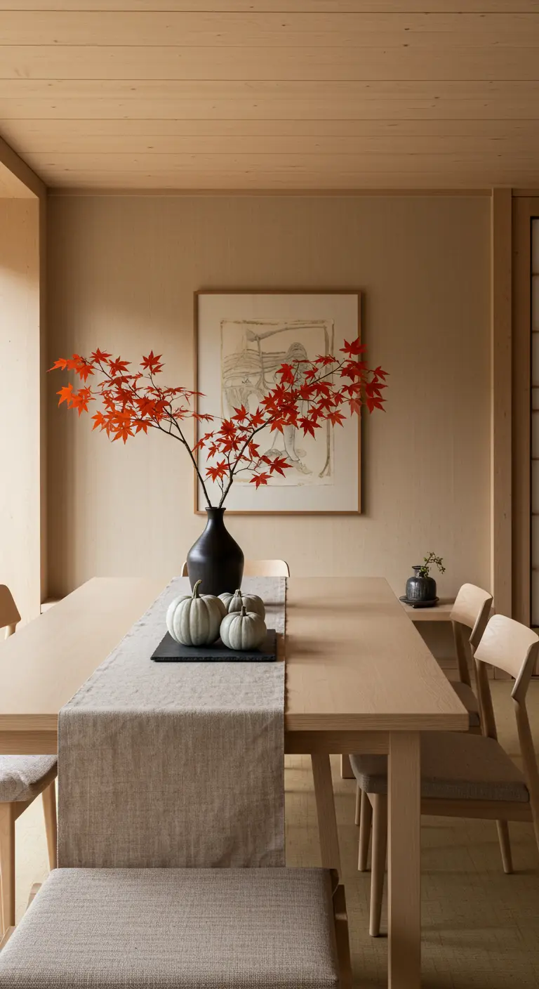 Table de style Japandi avec une branche d'érable rouge et des courges grises.