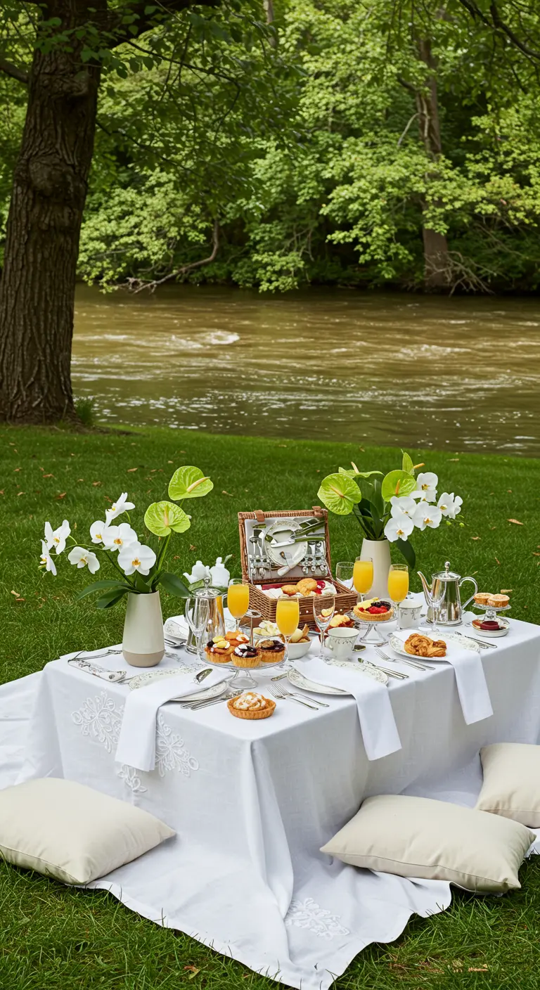 Pique-nique chic au bord d'une rivière avec nappe blanche, anthuriums, argenterie et pâtisseries fines.