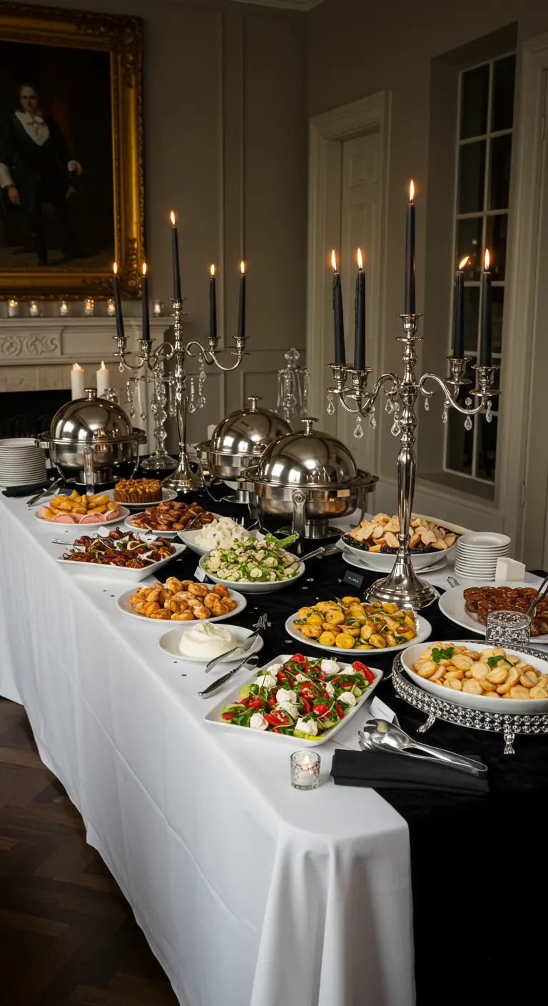 Buffet formel noir et blanc, candélabres noirs, plats chauds en argent, nappe blanche.