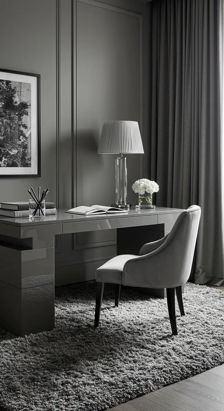 Bureau laqué gris avec une chaise en velours gris et un tapis épais.