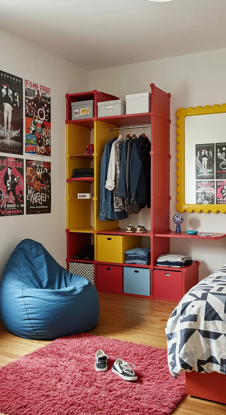 Chambre d'ado avec un système de rangement modulaire rouge et jaune et un pouf bleu.