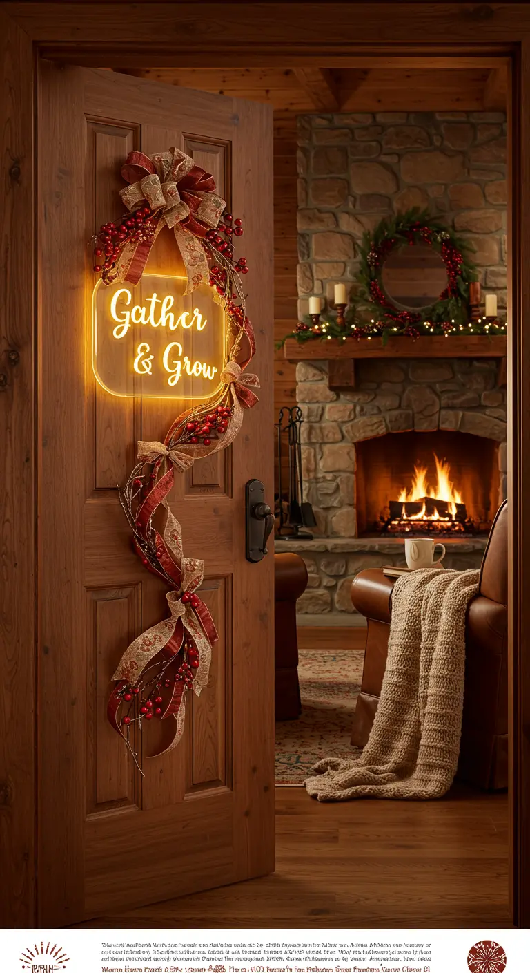 Porte en bois avec guirlande de baies rouges et rubans, néon 