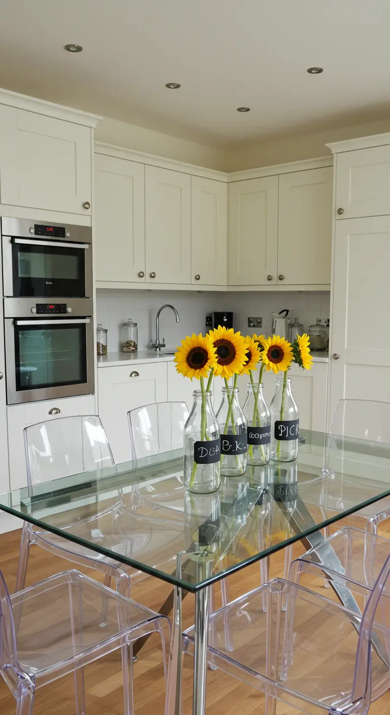 Tournesols dans des bouteilles de lait en verre avec des étiquettes ardoise sur une table de cuisine.