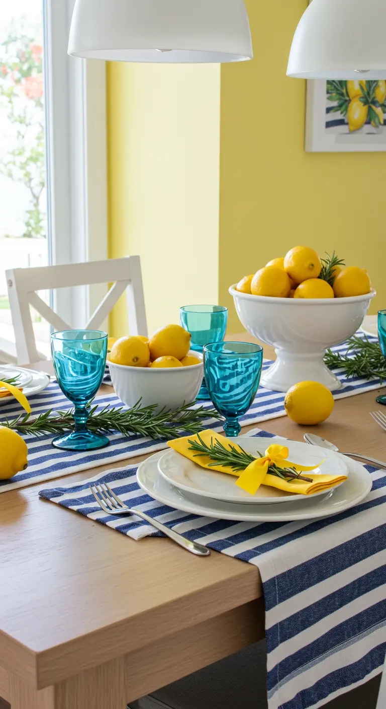 Table d'inspiration méditerranéenne avec un chemin de table rayé bleu, des citrons et du romarin.