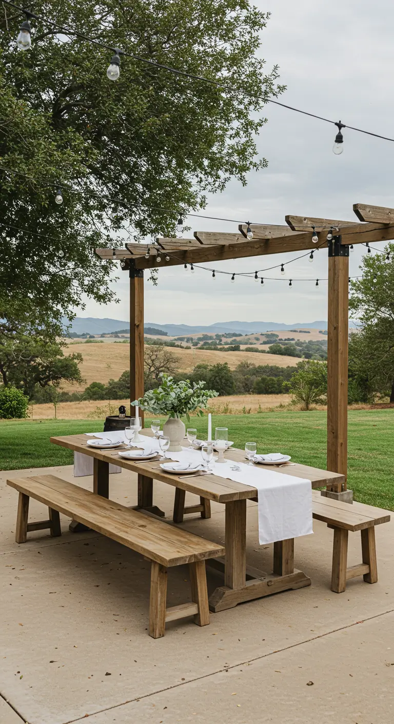 Longue table en bois avec bancs sous une pergola à guirlandes lumineuses, paysage vallonné.