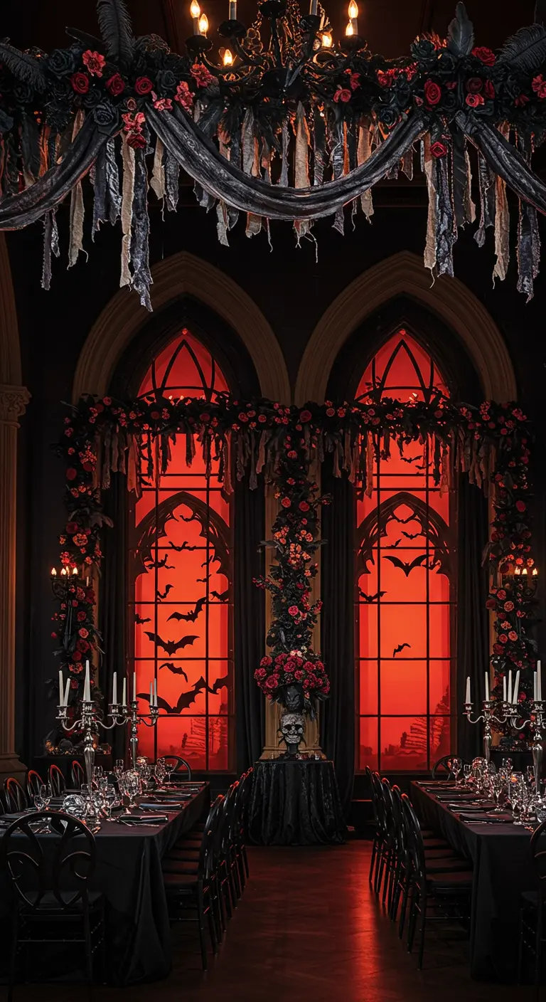 Grand hall avec fenêtres rouges éclairées, chauves-souris, guirlandes florales sombres et bougeoirs.