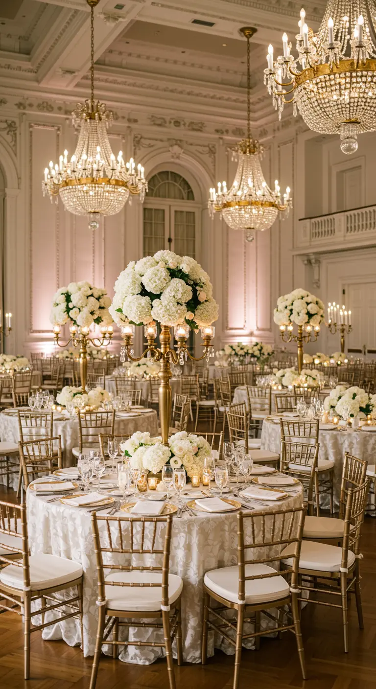 Salle de bal somptueuse avec des lustres en cristal et des tables rondes aux centres floraux hauts.