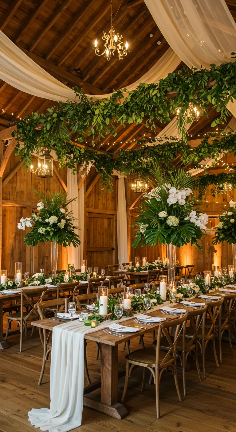 Réception de mariage dans une grange décorée de feuillages suspendus, draperies blanches, et tables en bois avec centres floraux.