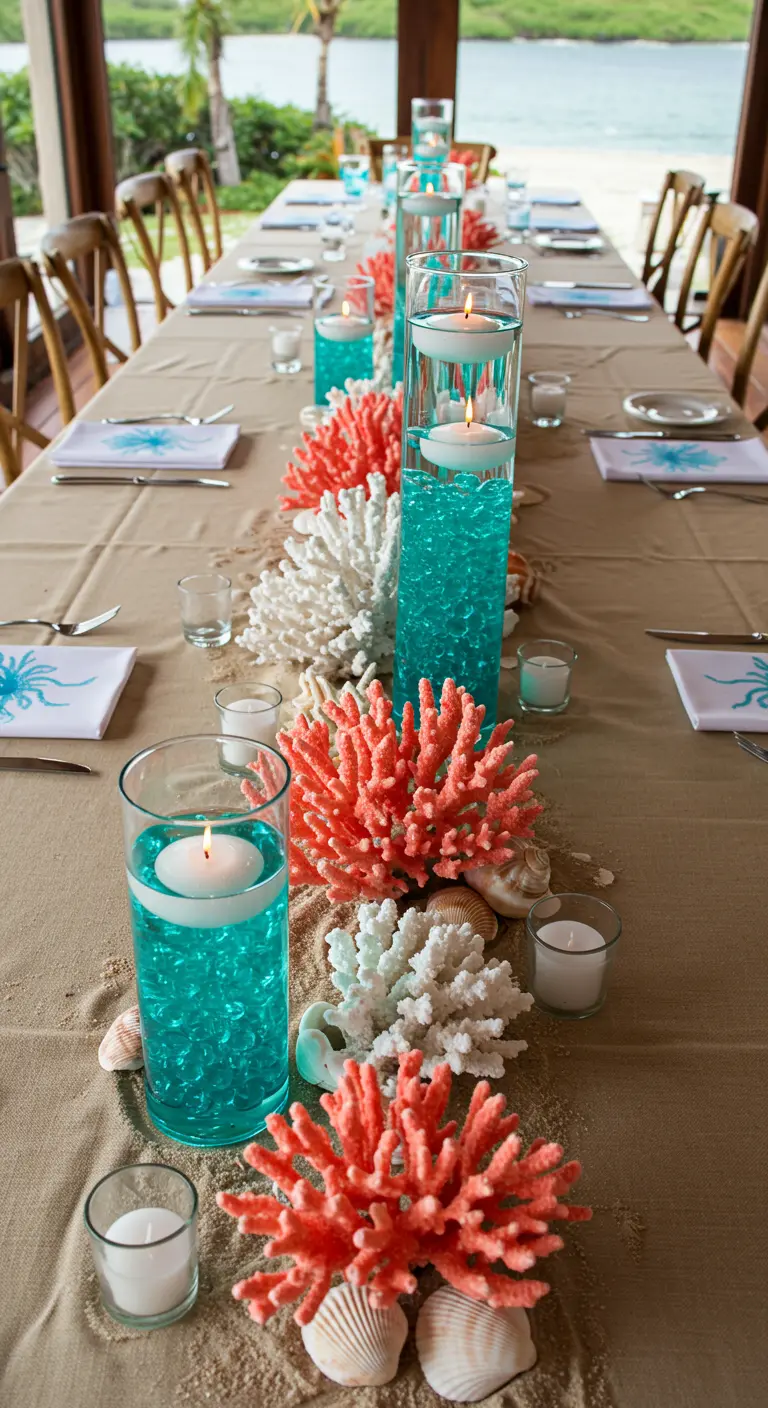 Décoration de table marine avec coraux, vases turquoise et bougies.