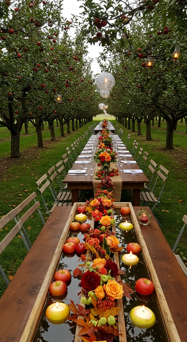 Longue table dans un verger avec une auge remplie d'eau, de pommes et de bougies flottantes.