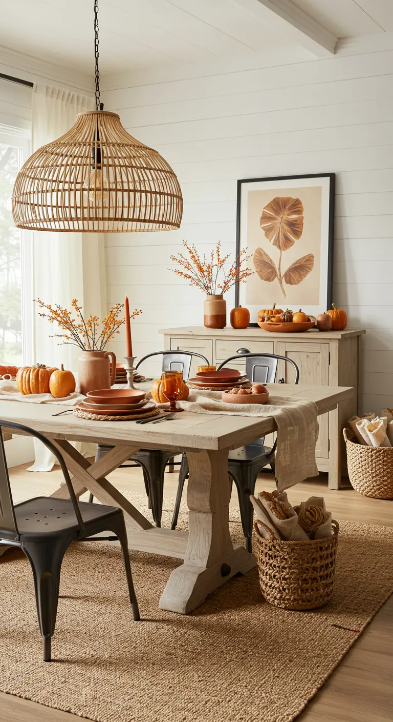 Salle à manger rustique avec table en bois, vaisselle terracotta et suspension en rotin.