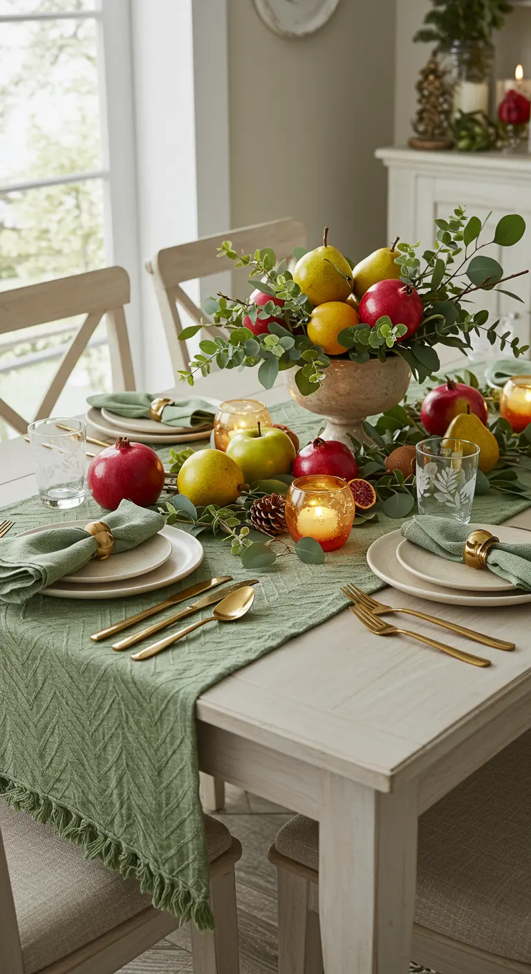Table de fête décorée avec un chemin de table vert, des branches d'eucalyptus, des grenades et des poires.