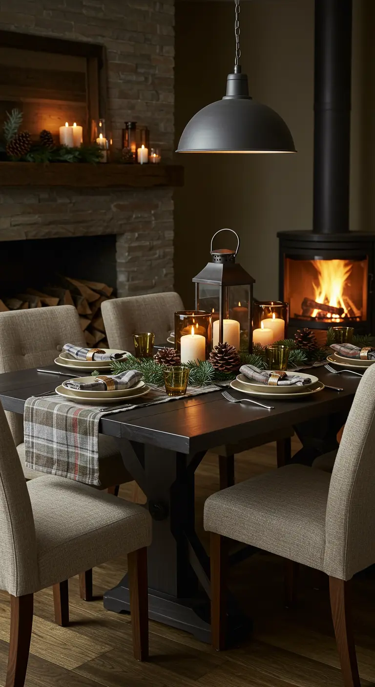 Table Japandi d'hiver avec chemin de table tartan, lanterne, bougies, verdure et cheminée allumée.