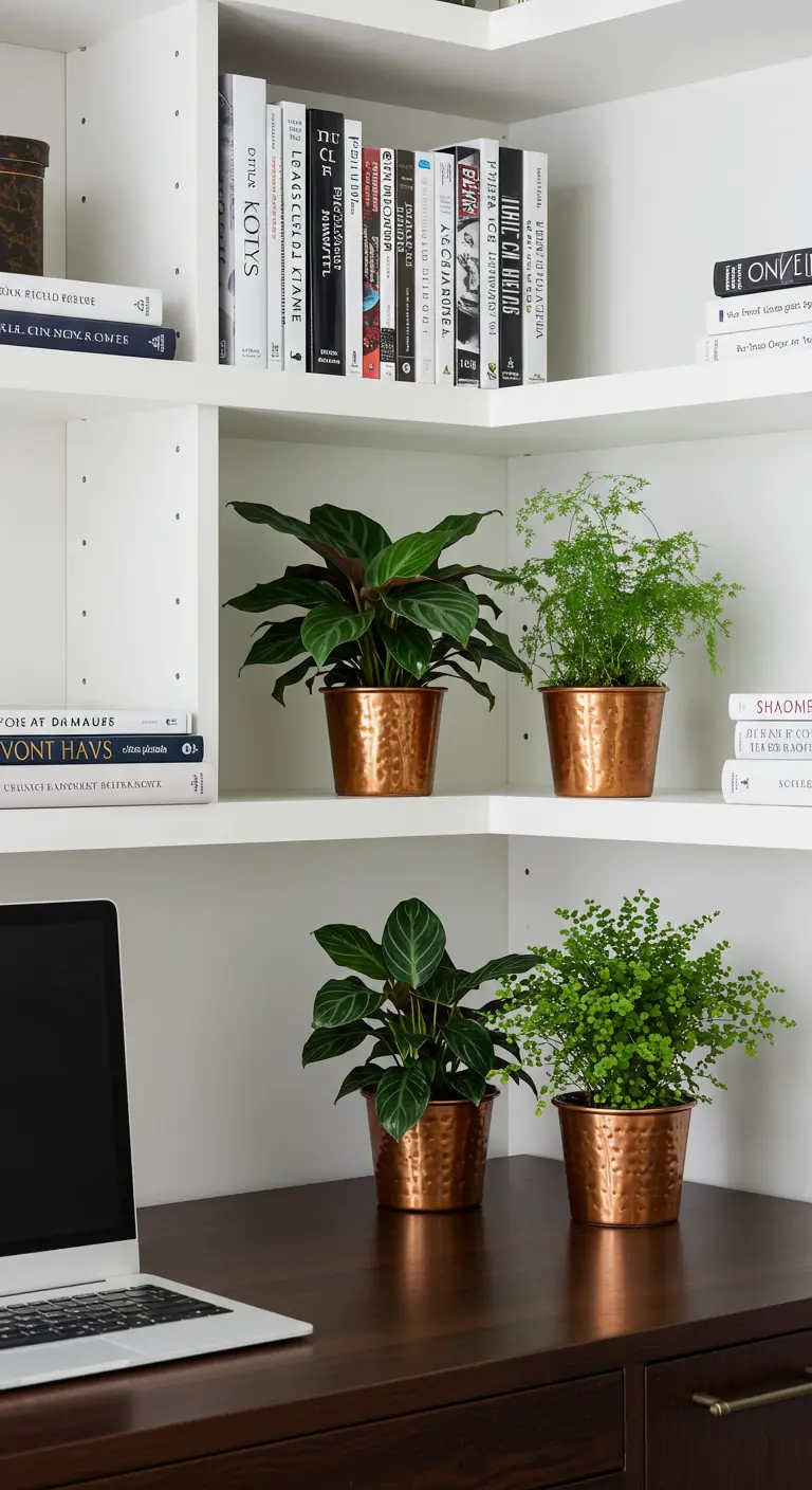 Pots en cuivre martelé avec diverses plantes sur un bureau et une étagère dans un bureau blanc.
