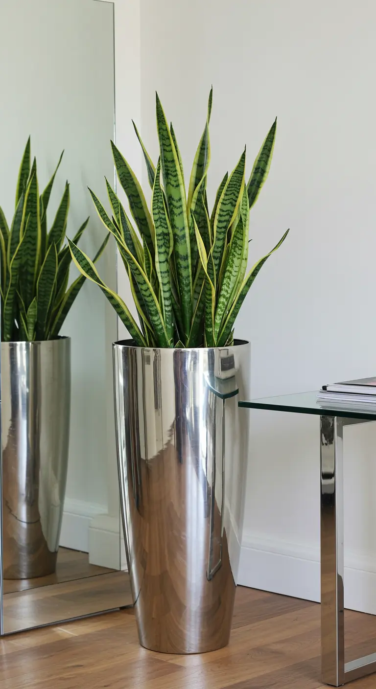 Grande Sansevieria dans un pot cylindrique argenté brillant à côté d'un miroir.