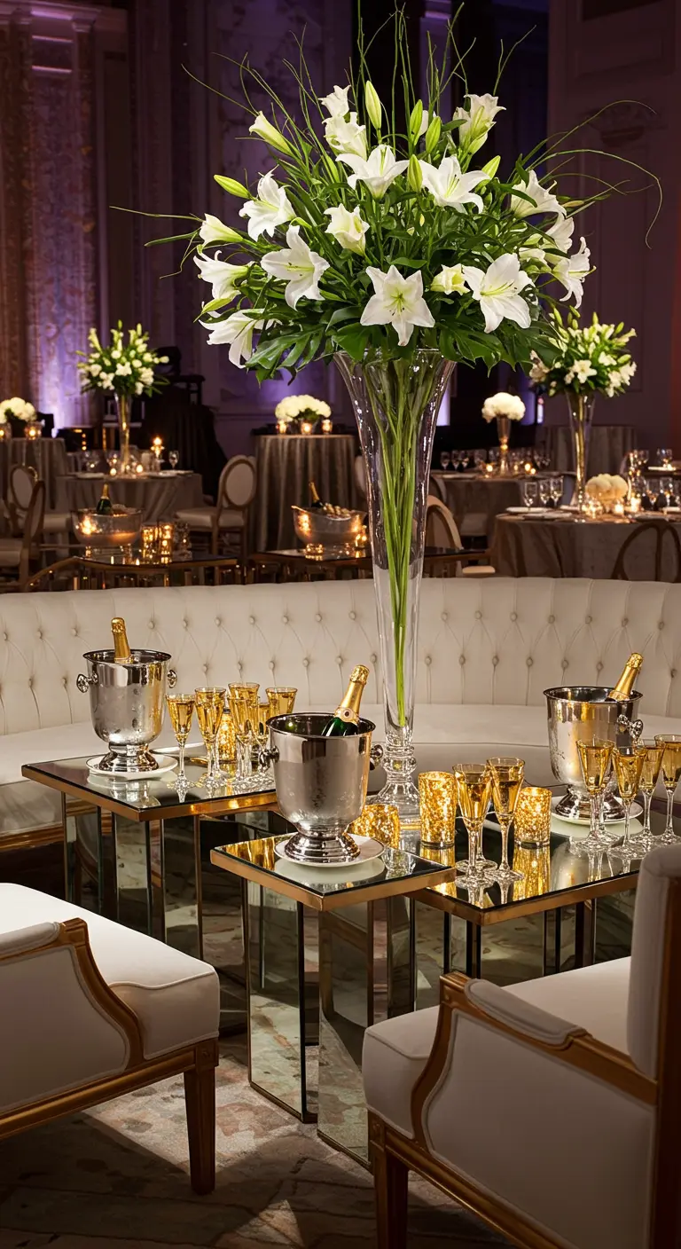 Coin lounge avec canapés blancs, tables miroir, seaux à champagne et un grand vase de lys.