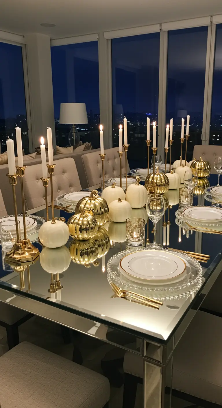 Table à miroir avec citrouilles blanches et dorées, chandeliers dorés, sets de table perlés.