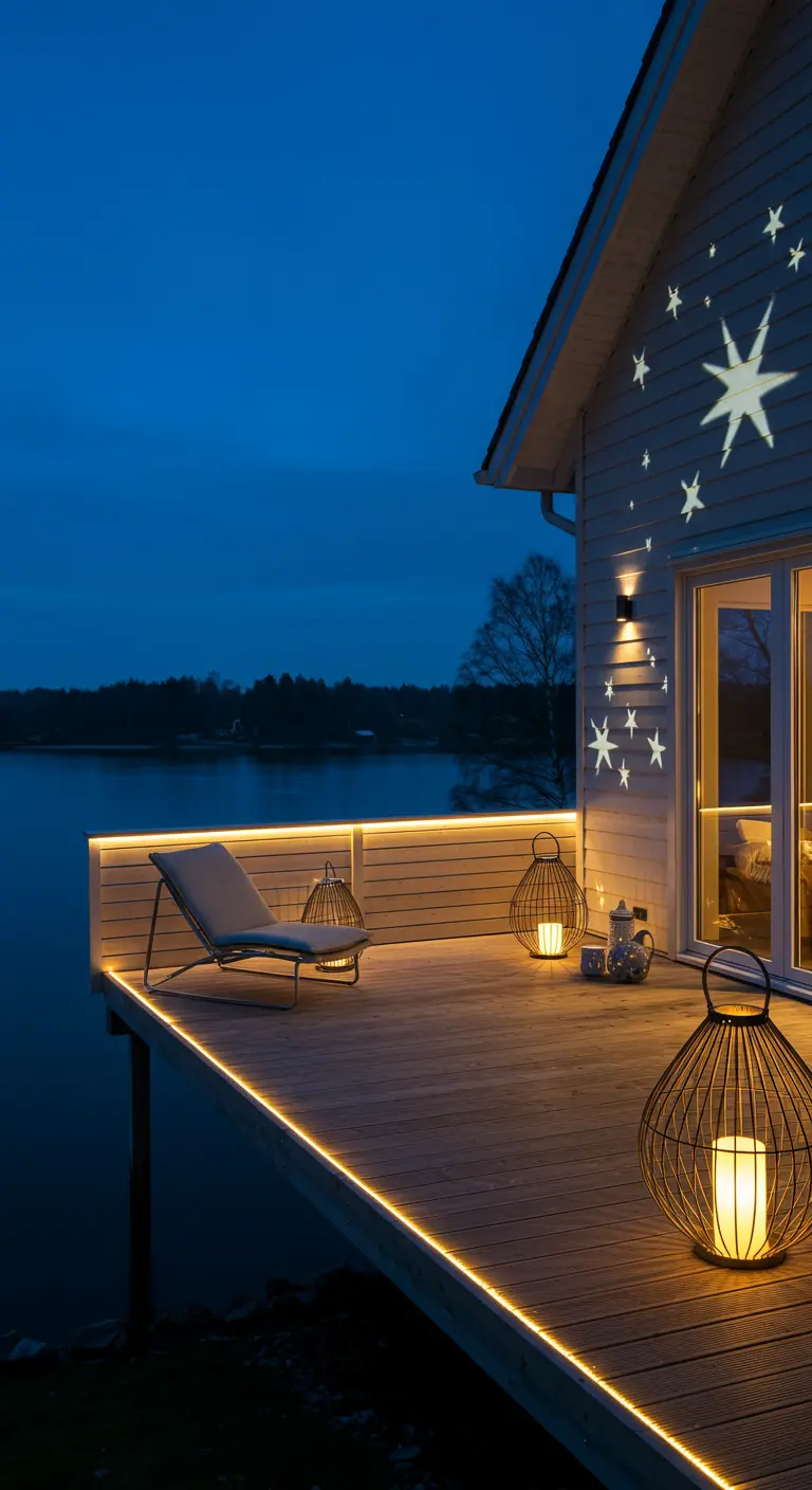 Terrasse en bois moderne au bord de l'eau, avec éclairage LED linéaire et projections d'étoiles sur la maison.