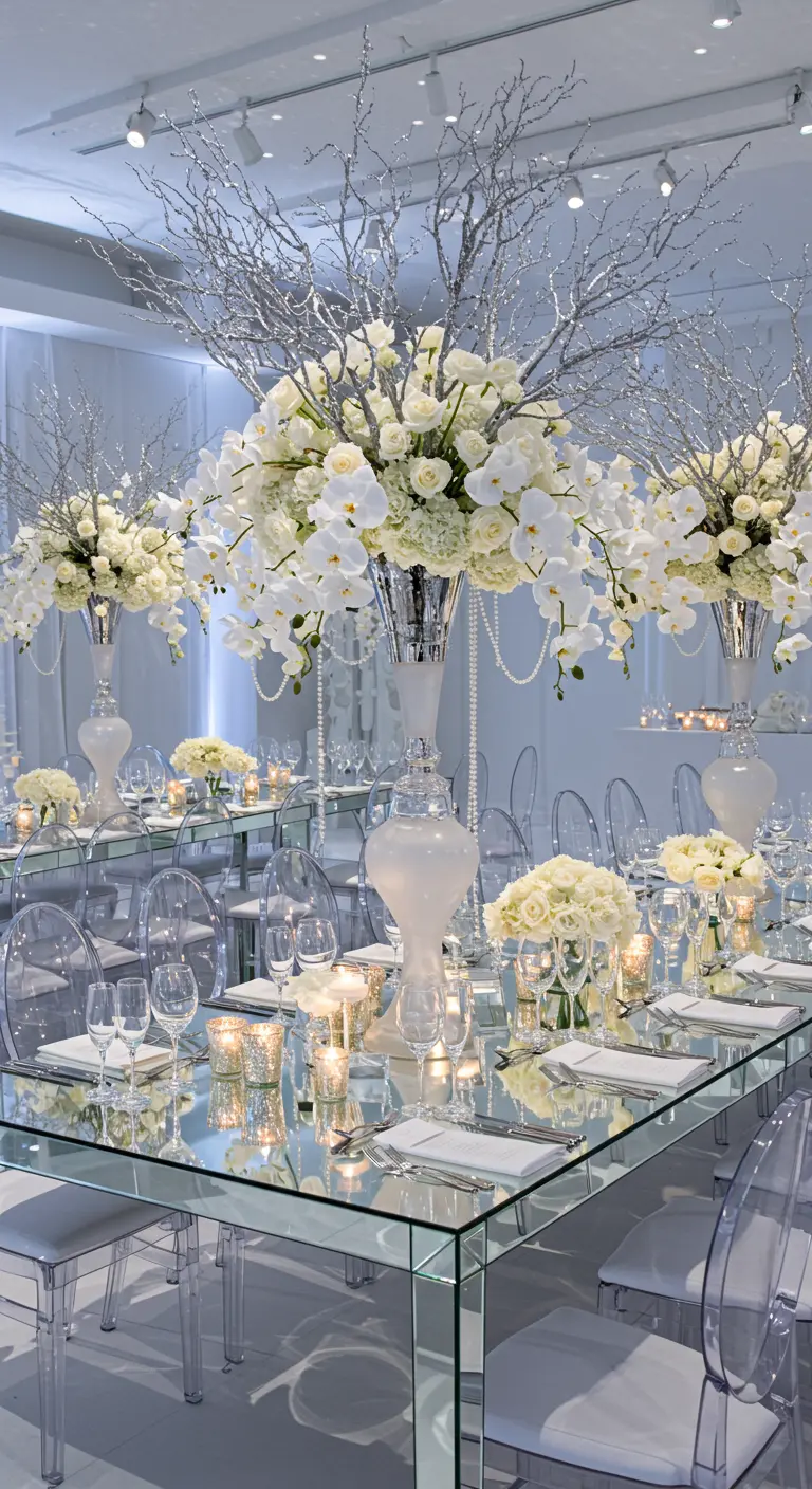 Tables miroirs dans une salle blanche, branches argentées, orchidées blanches et chaises transparentes.