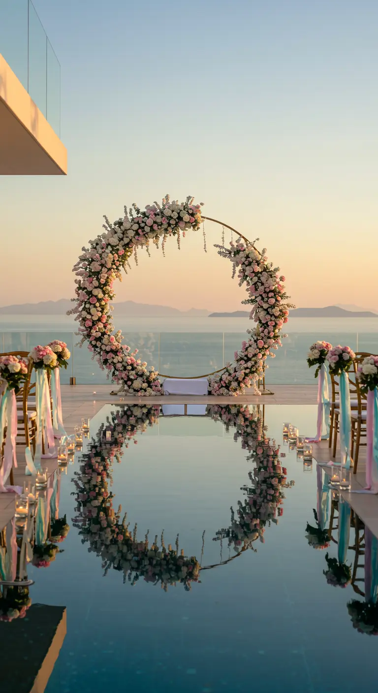 Arche florale circulaire au bord d'une piscine, se reflétant dans l'eau au coucher du soleil.