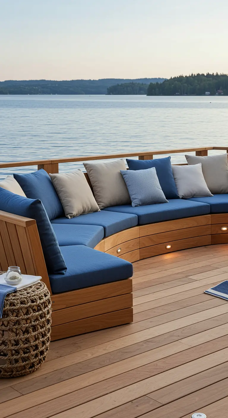 Banquette en bois courbée sur terrasse au bord du lac, coussins bleus, éclairage intégré.