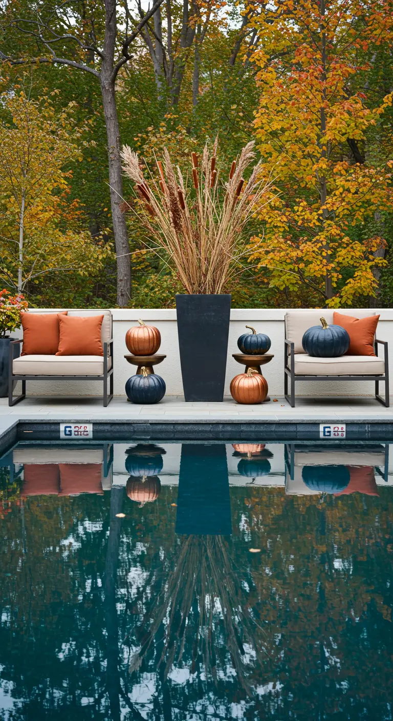 Décor de piscine moderne avec des citrouilles peintes en couleurs métalliques et marine.