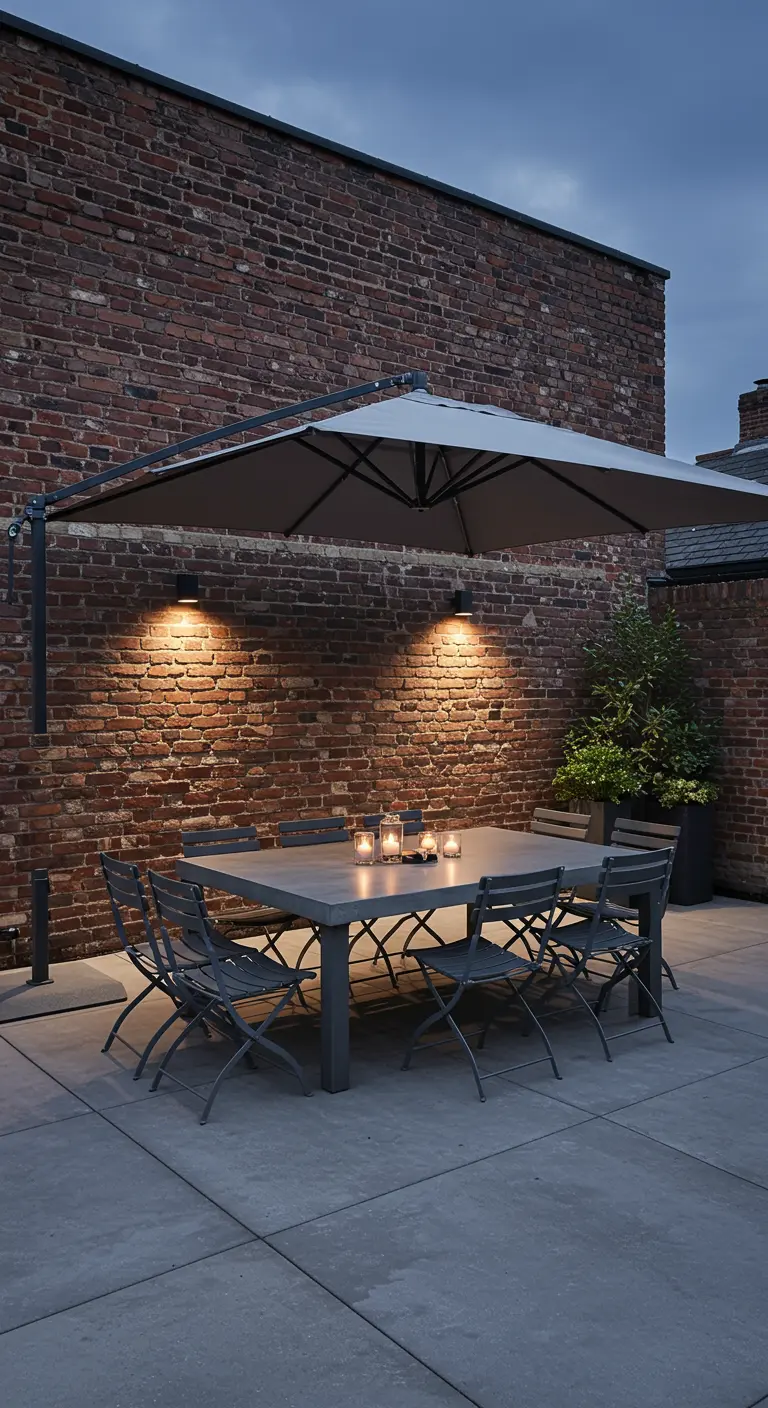 Table en béton, chaises grises, parasol déporté sur terrasse en briques avec éclairage mural doux.