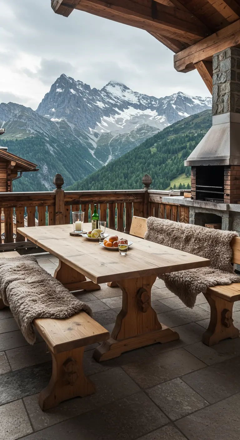 Table en bois et bancs couverts de peaux de mouton sur un balcon de montagne.