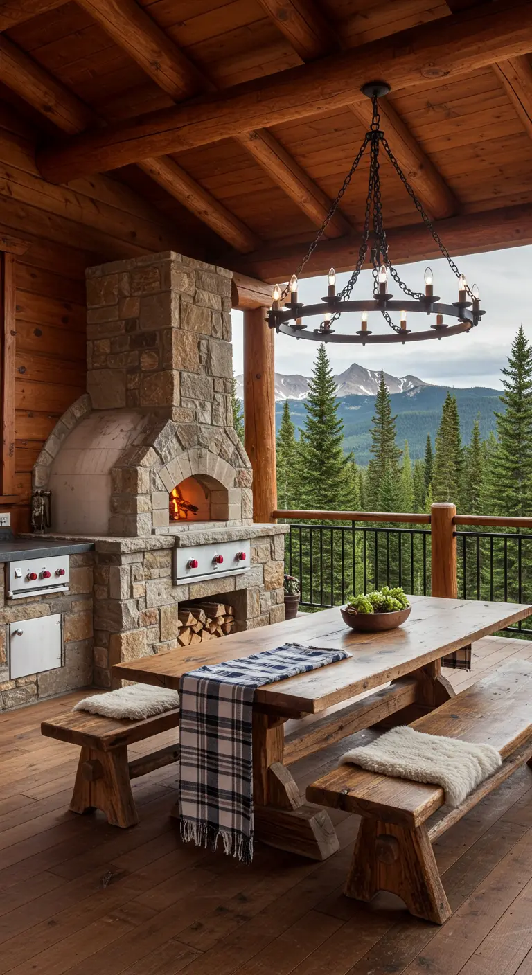 Cuisine extérieure de style chalet avec four en pierre et lustre en fer forgé.