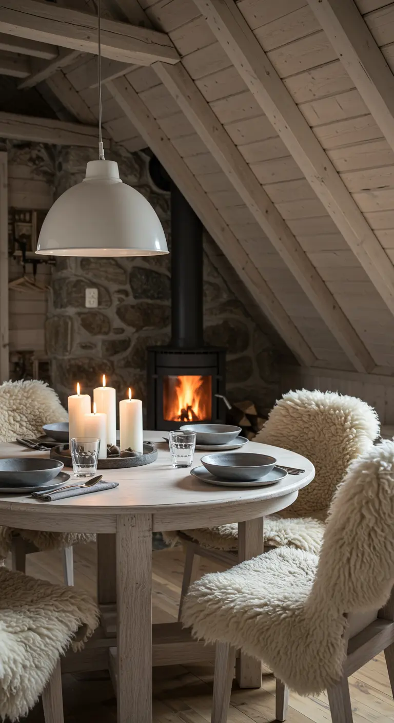 Table ronde rustique avec peaux de mouton sur les chaises près d'une cheminée.