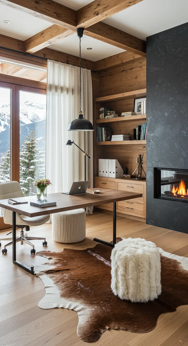 Bureau moderne dans un chalet avec murs en bois, cheminée design et tapis en peau de vache.