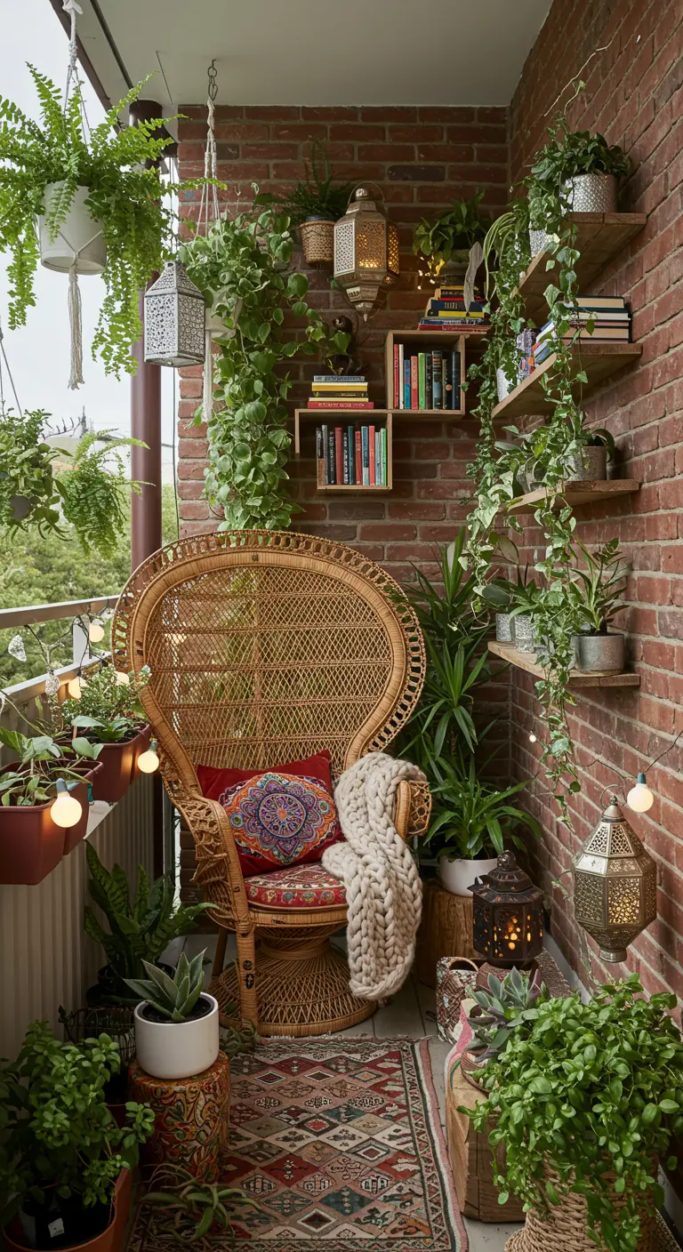 Balcon bohème avec fauteuil en rotin et étagères murales en bois.