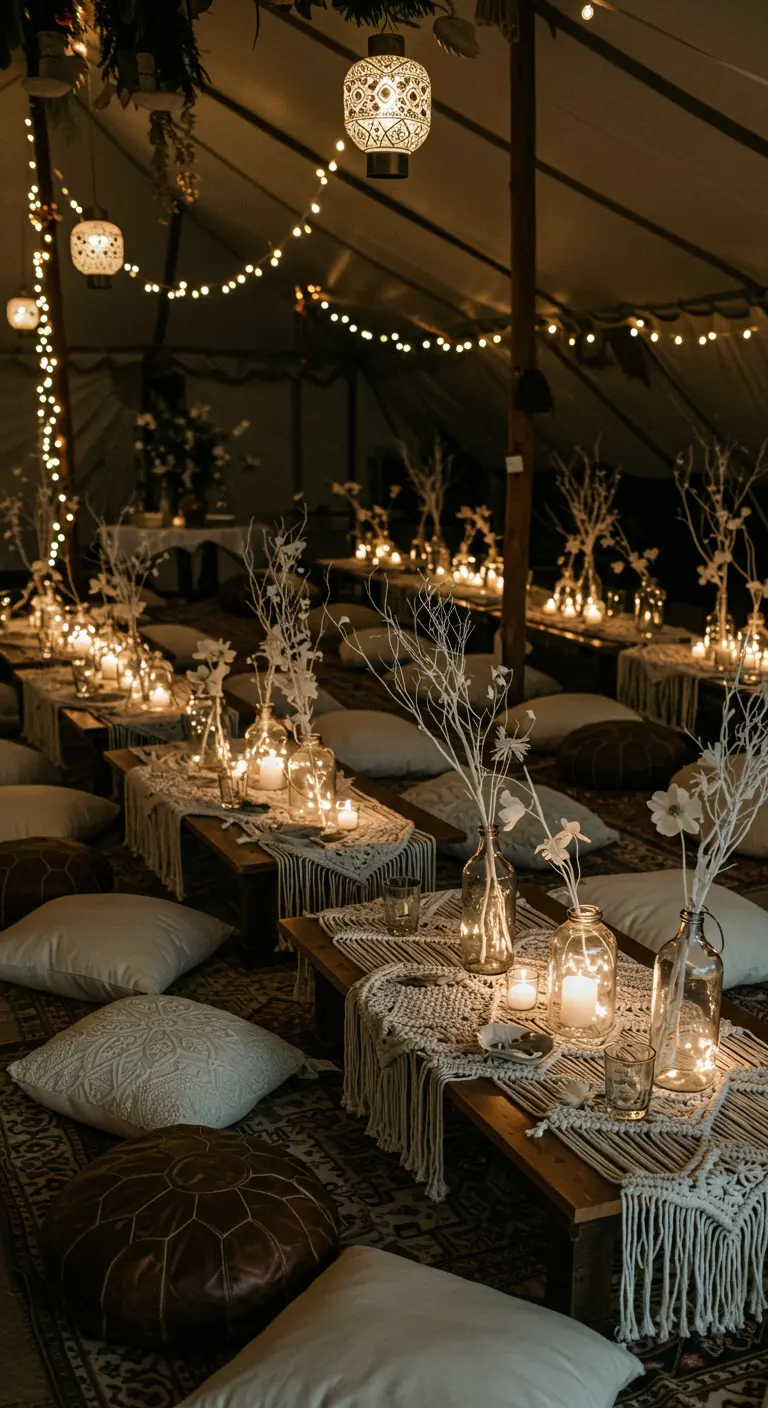 Tente événementielle avec tables basses, coussins, centres de table à branches et lumières douces.