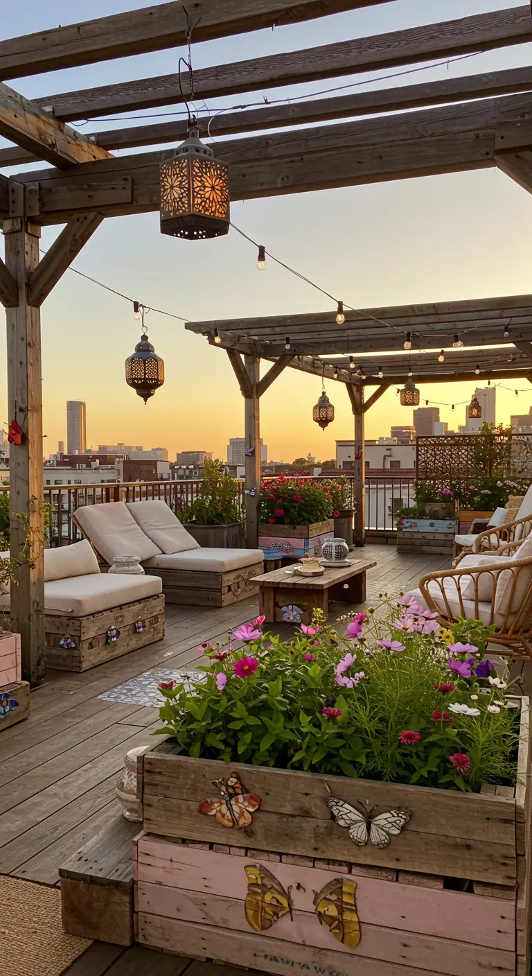 Terrasse en bois avec pergola, chaises longues, grands bacs fleuris, et décorations papillons