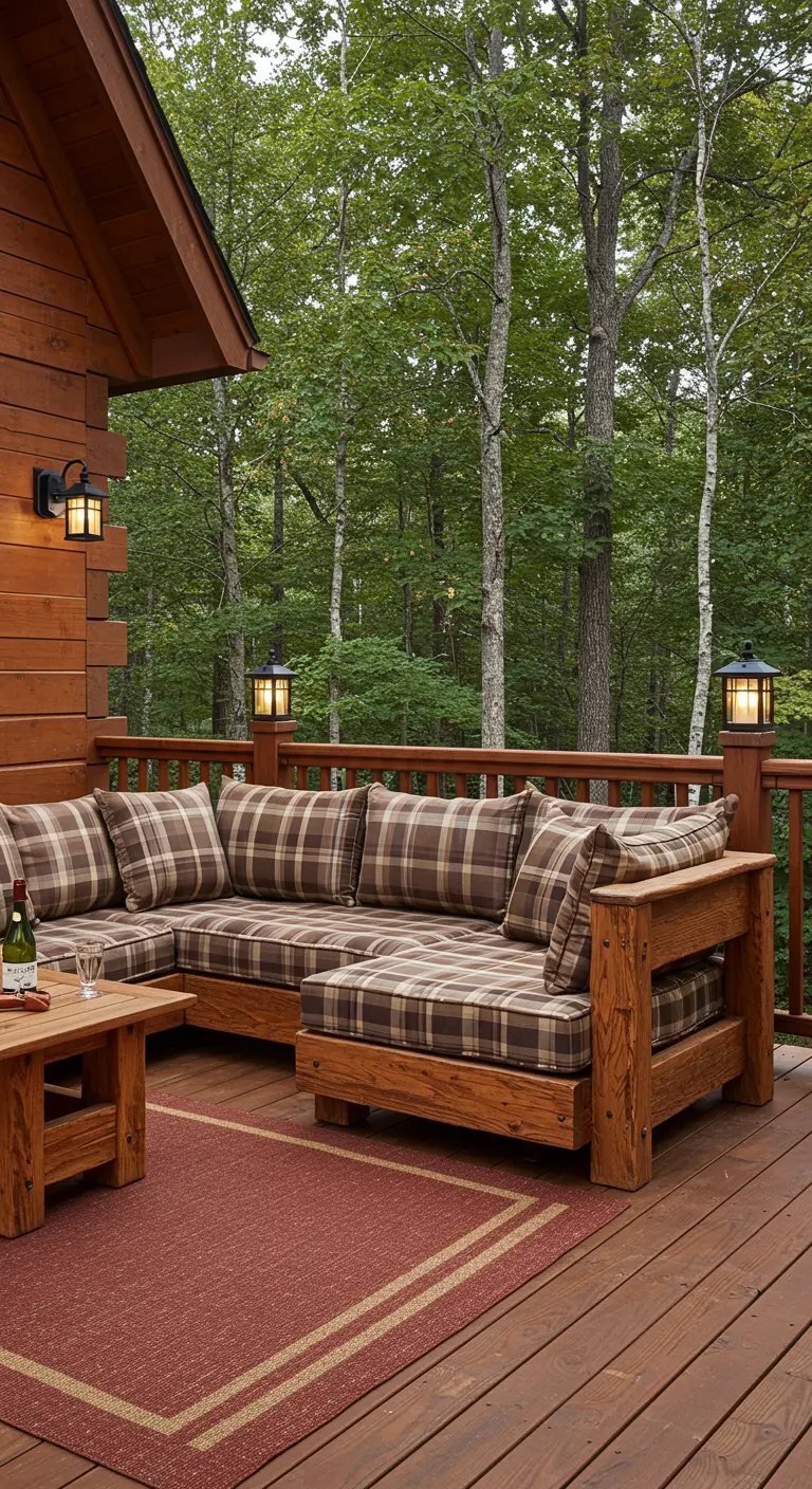 Canapé d'angle en bois avec des coussins à motif tartan sur la terrasse d'un chalet.