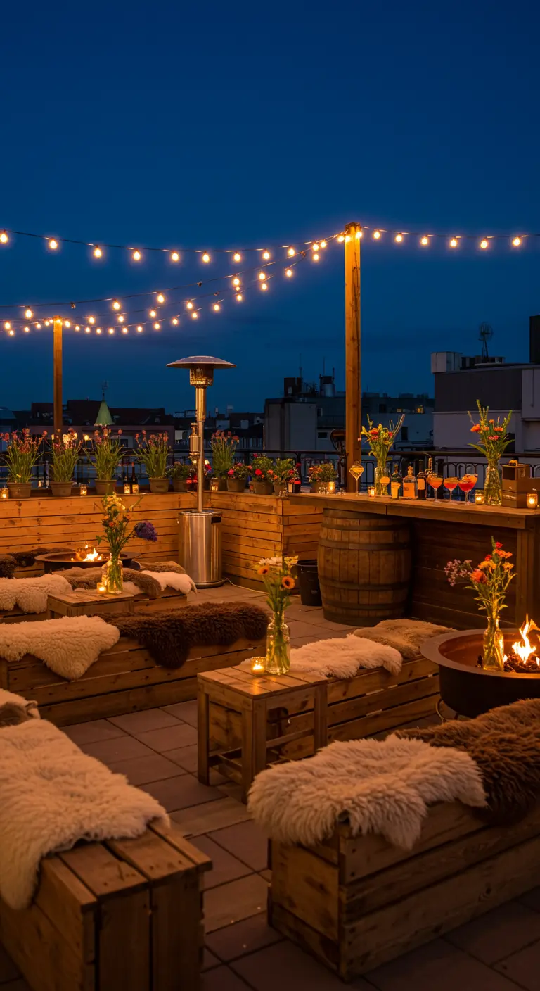 Rooftop ambiance chalet avec banquettes en bois, peaux de mouton, guirlandes lumineuses et brasero.